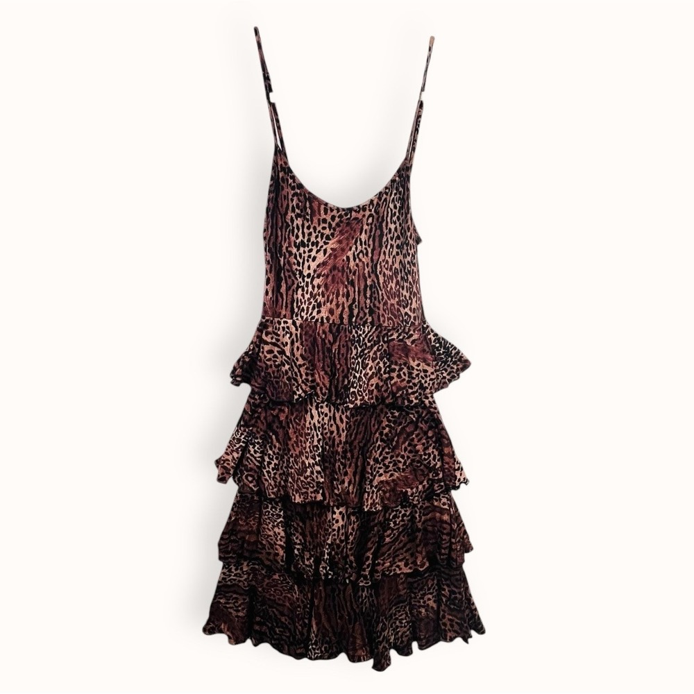 BETSEY JOHNSON Mini Dress P Petite Animal Print Ruffled Tiered‎ Leopard Straps